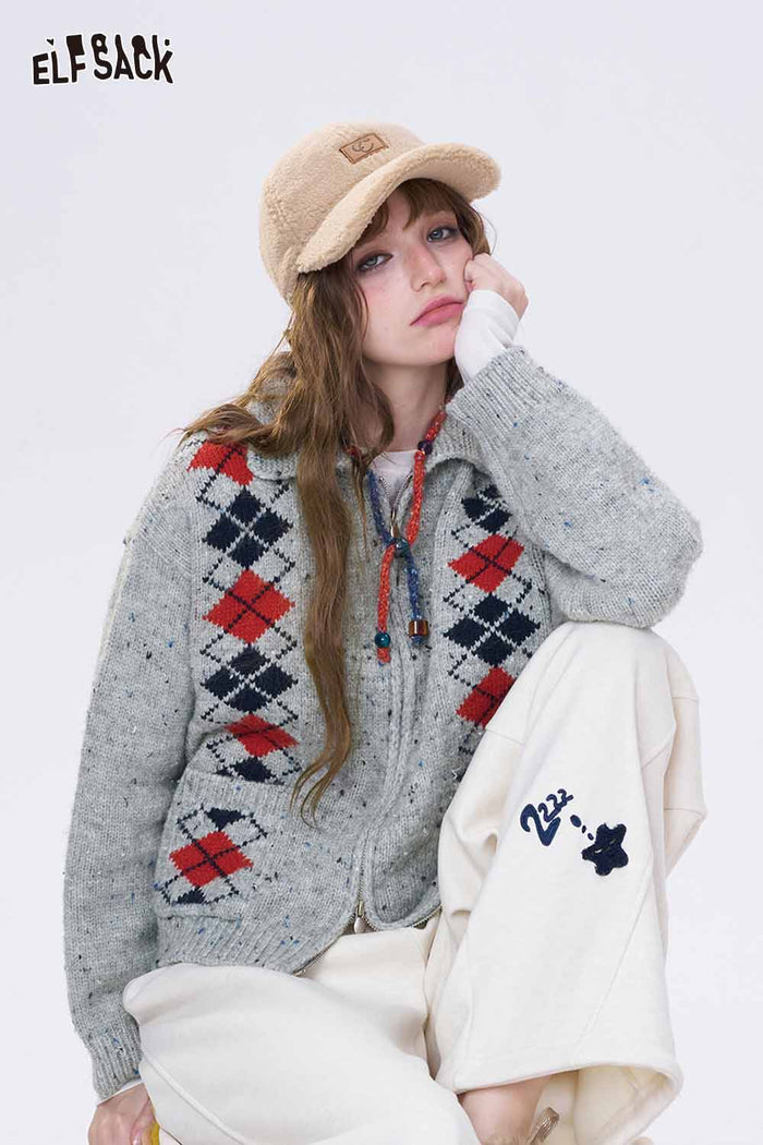 ELFSACK Double Breasted Diamond Quilt Double Zipper Lapel Cropped Knit Cardigan