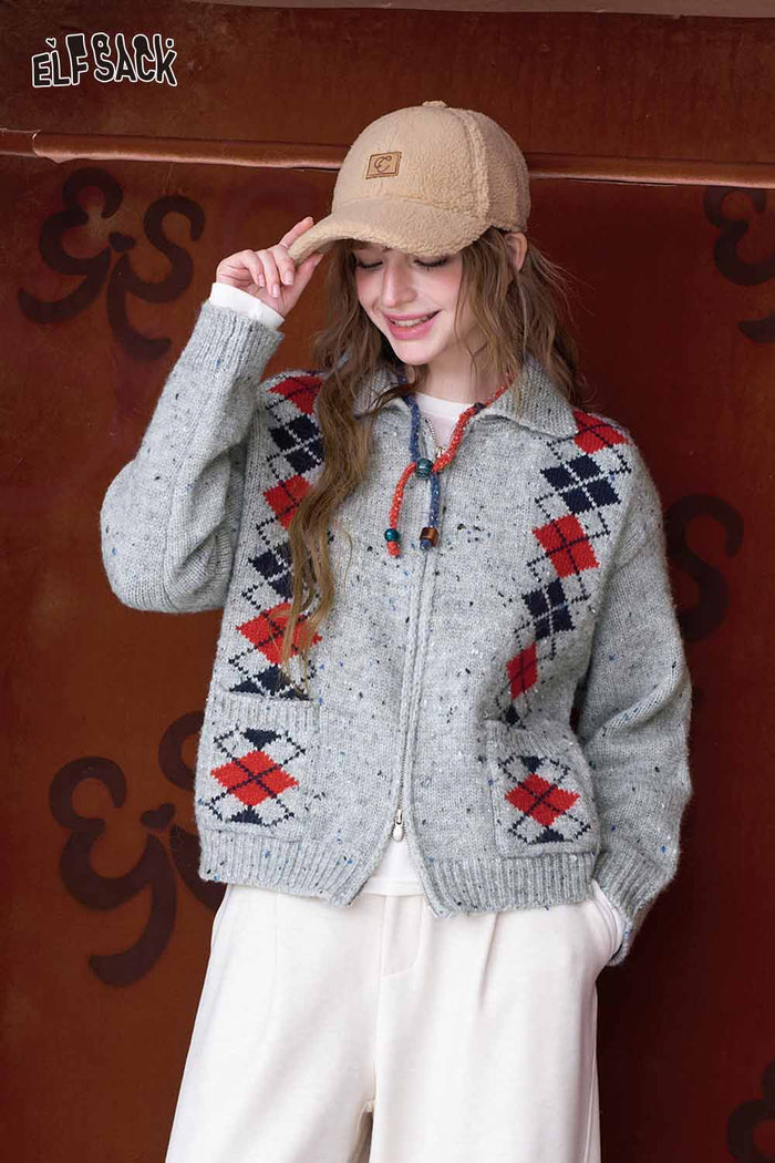 ELFSACK Double Breasted Diamond Quilt Double Zipper Lapel Cropped Knit Cardigan