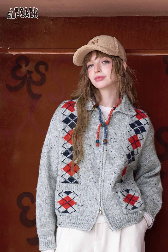 ELFSACK Double Breasted Diamond Quilt Double Zipper Lapel Cropped Knit Cardigan