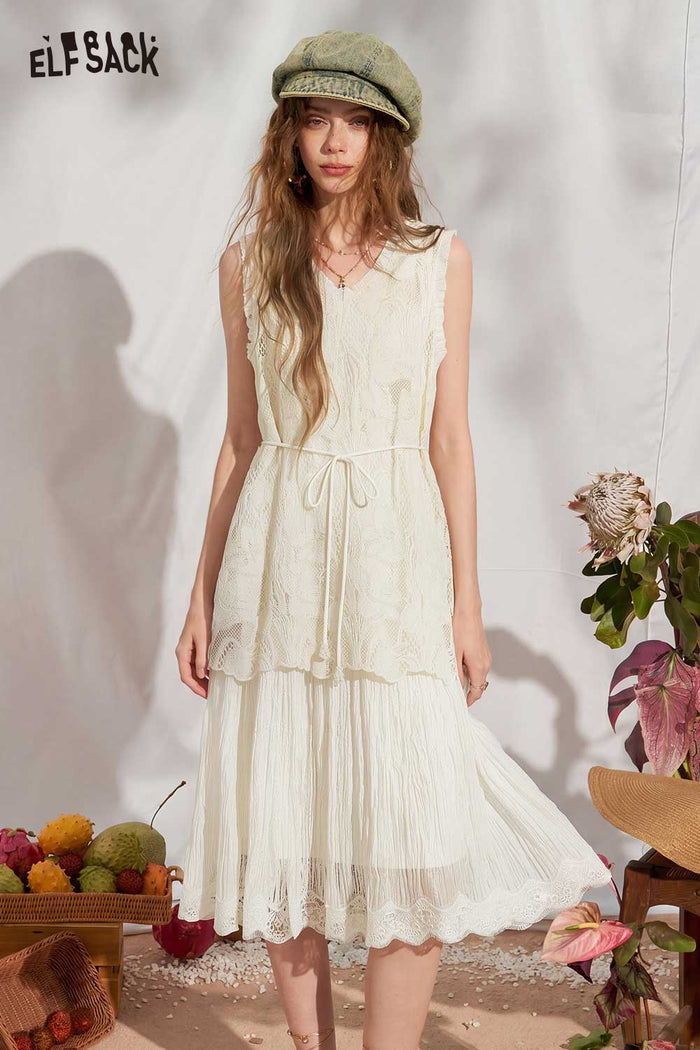 ELFSACK Double-Layer Lace V-Neck Sleeveless Dress