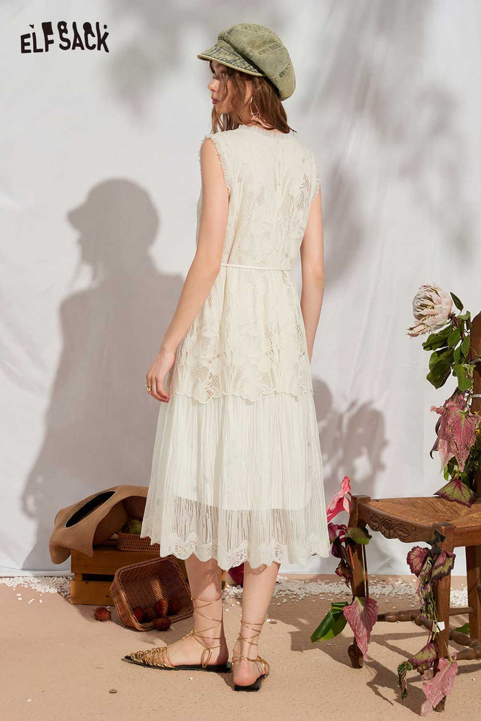 ELFSACK Double-Layer Lace V-Neck Sleeveless Dress