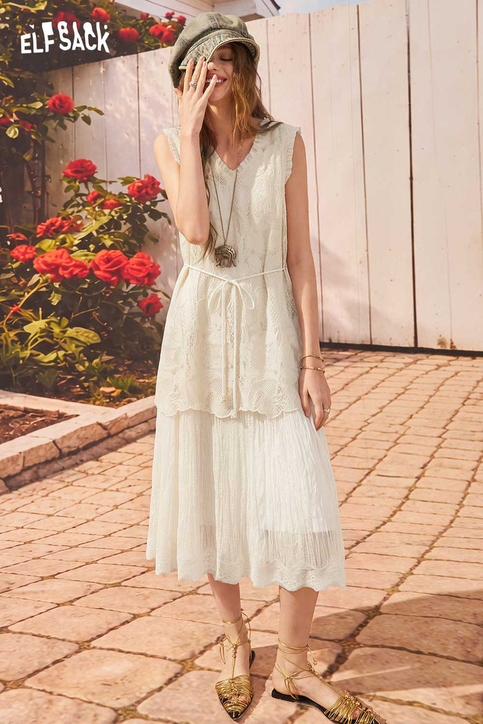 ELFSACK Double-Layer Lace V-Neck Sleeveless Dress