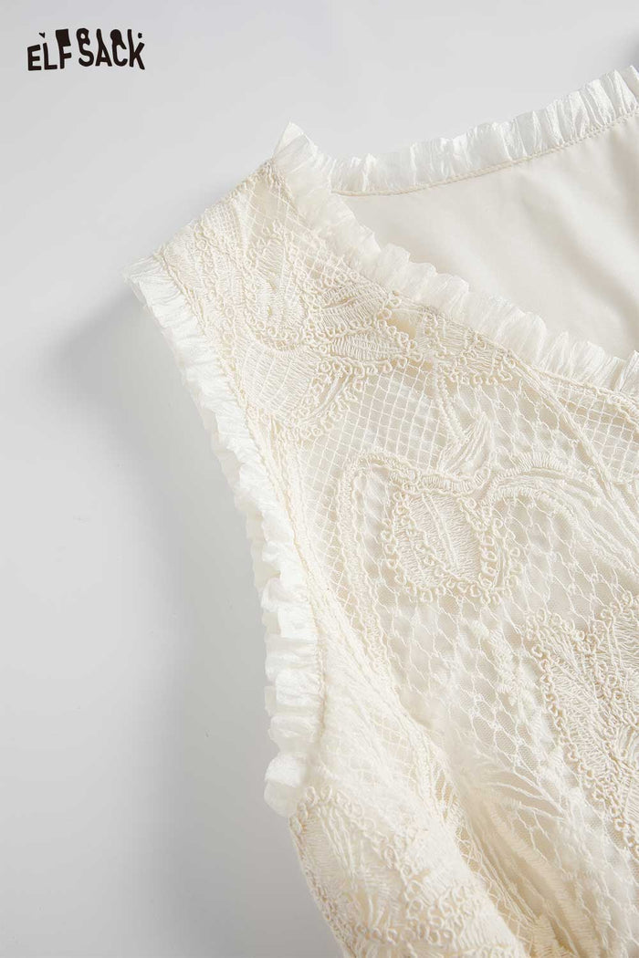 ELFSACK Double-Layer Lace V-Neck Sleeveless Dress