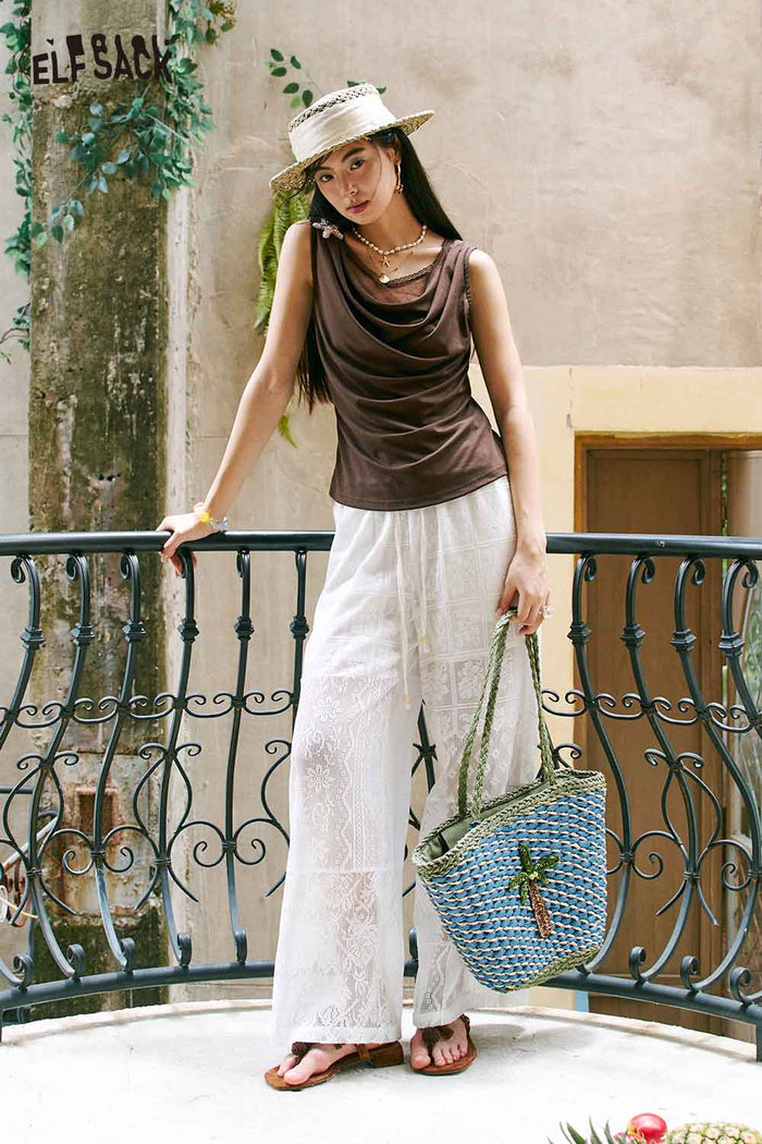 ELFSACK Draped Neck Polka Dot Sleeveless Tee