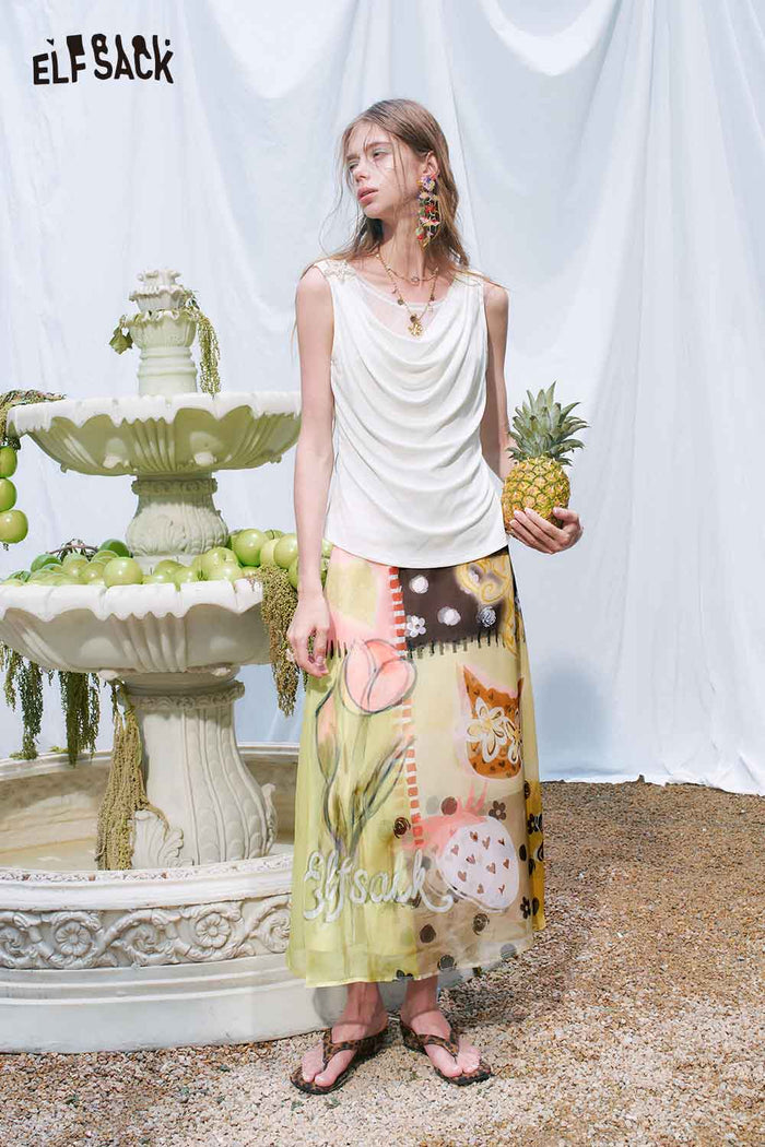 ELFSACK Draped Neck Polka Dot Sleeveless Tee