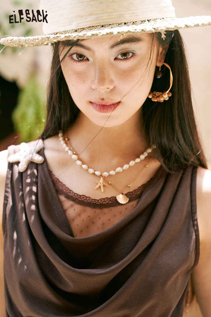 ELFSACK Draped Neck Polka Dot Sleeveless Tee
