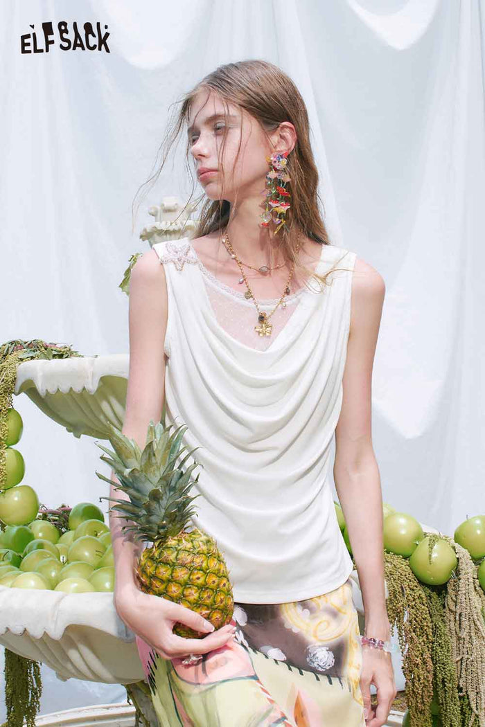 ELFSACK Draped Neck Polka Dot Sleeveless Tee