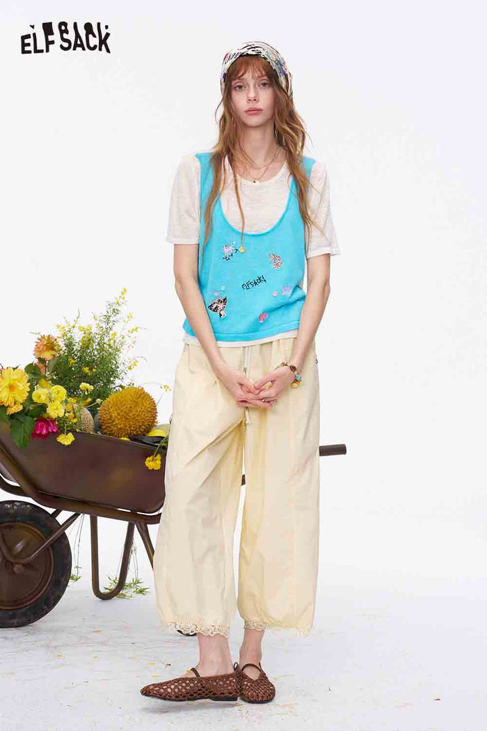 ELFSACK Drawstring Lace Hem Relaxed Harem Pants