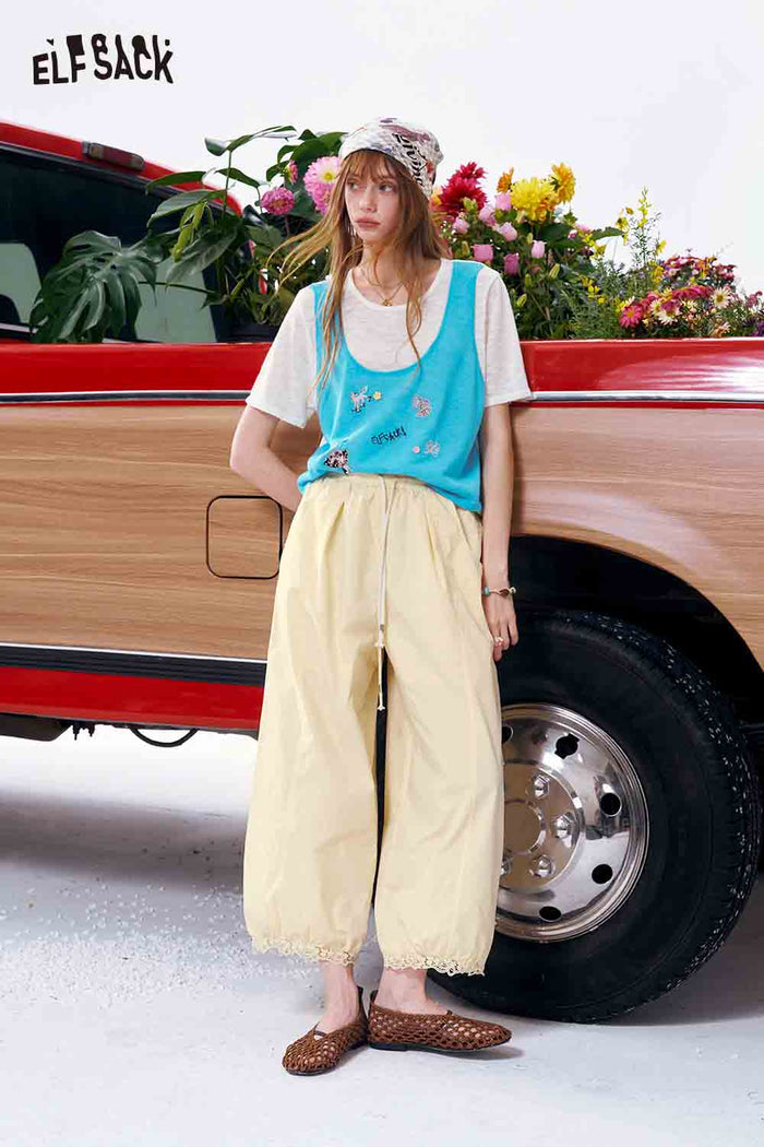 ELFSACK Drawstring Lace Hem Relaxed Harem Pants