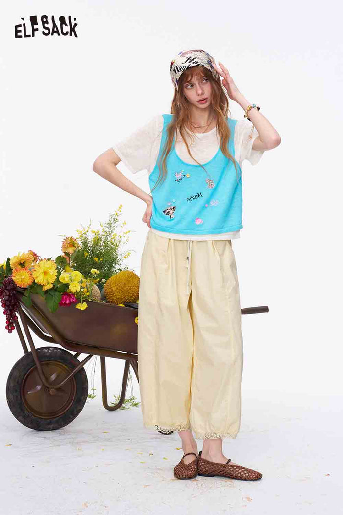 ELFSACK Drawstring Lace Hem Relaxed Harem Pants