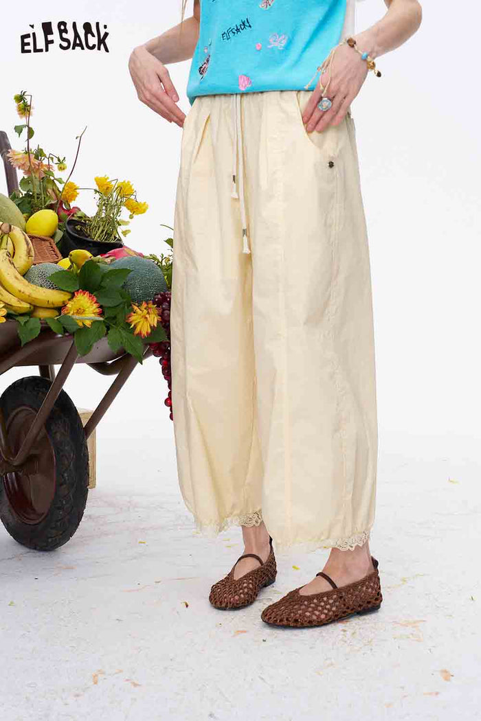 ELFSACK Drawstring Lace Hem Relaxed Harem Pants