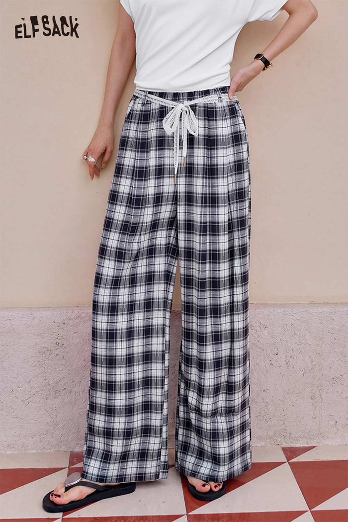 ELFSACK Drawstring Plaid Wide Leg Pants