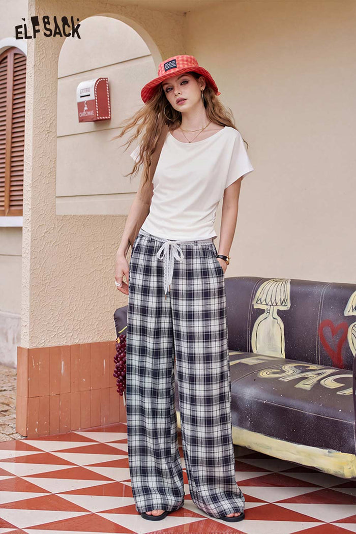 ELFSACK Drawstring Plaid Wide Leg Pants