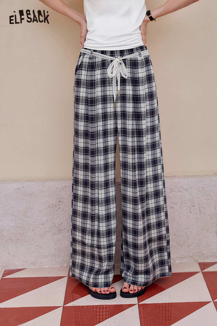 ELFSACK Drawstring Plaid Wide Leg Pants