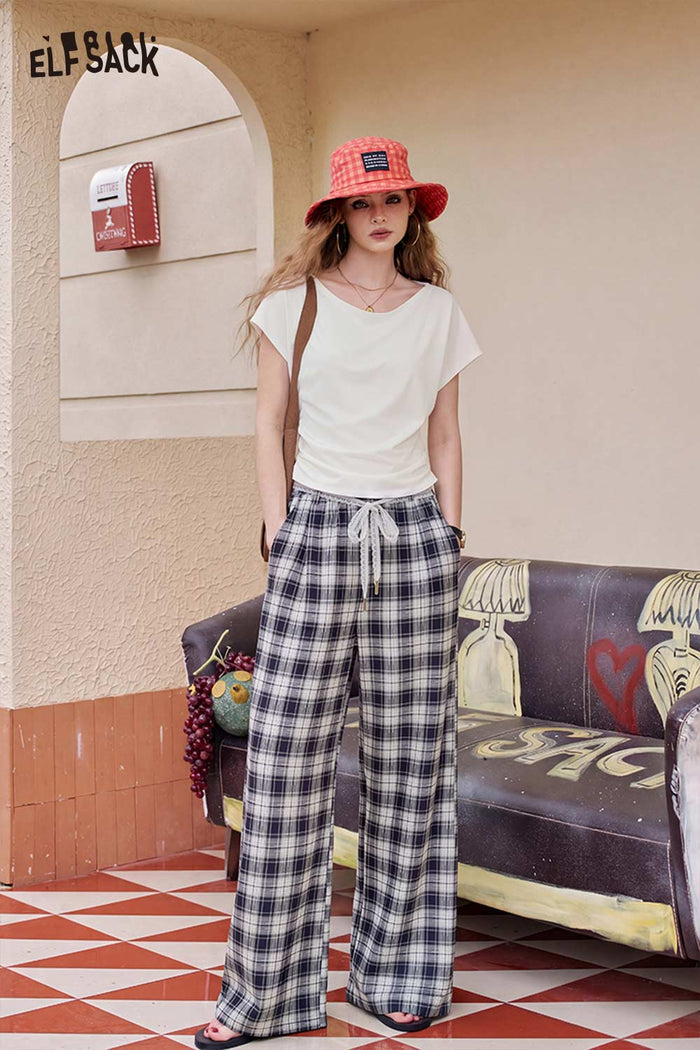 ELFSACK Drawstring Plaid Wide Leg Pants