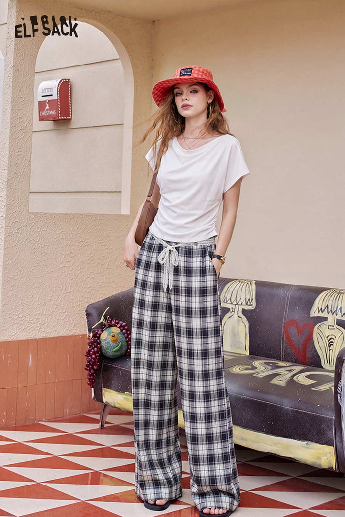 ELFSACK Drawstring Plaid Wide Leg Pants