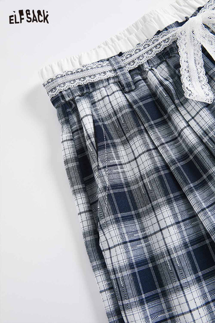 ELFSACK Drawstring Plaid Wide Leg Pants