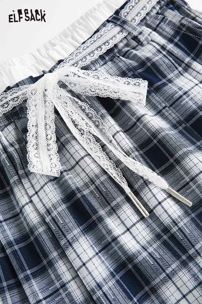 ELFSACK Drawstring Plaid Wide Leg Pants