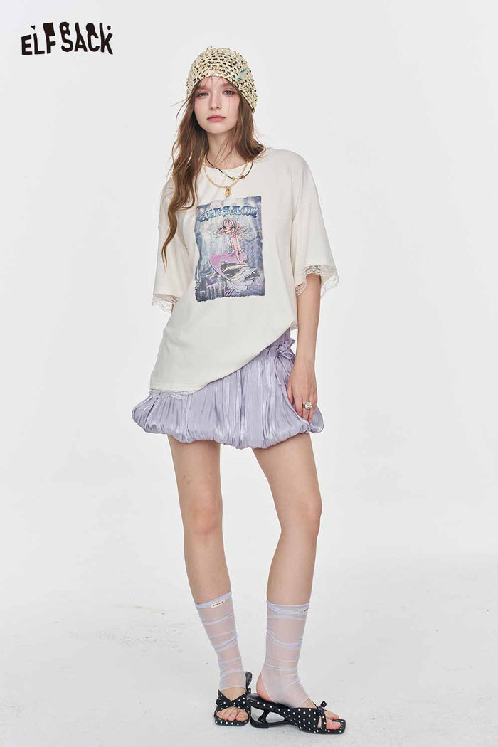 ELFSACK Drawstring Shiny Satin Bubble Mini Skirt