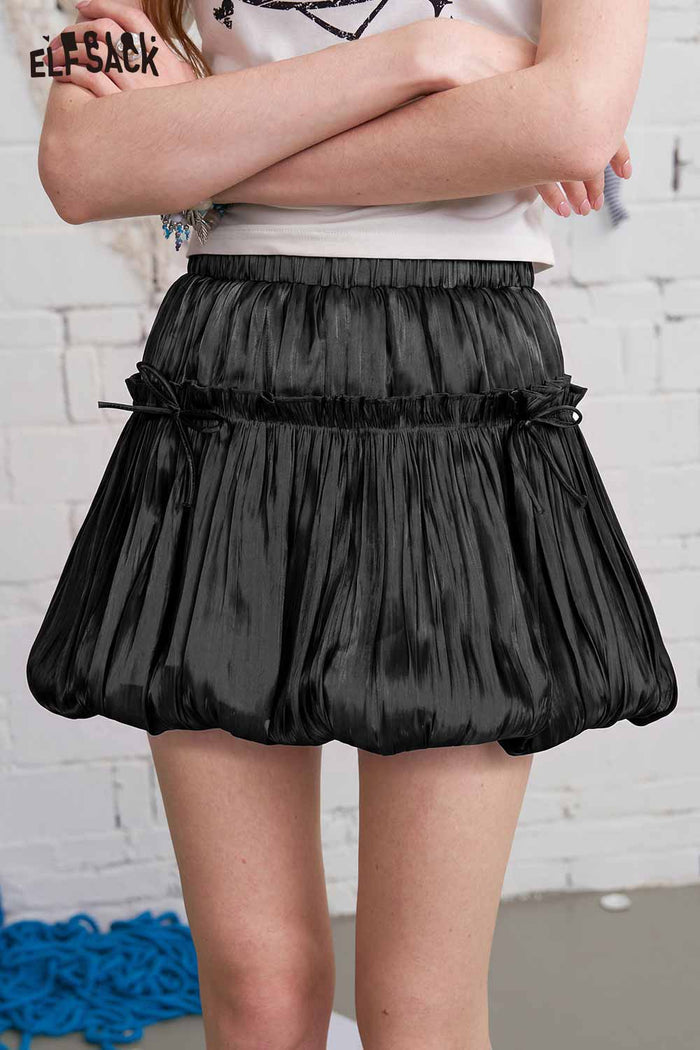 ELFSACK Drawstring Shiny Satin Bubble Mini Skirt