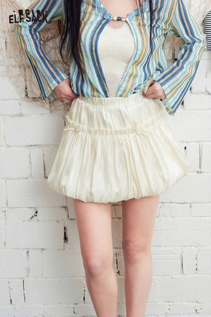 ELFSACK Drawstring Shiny Satin Bubble Mini Skirt