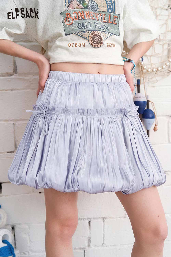 ELFSACK Drawstring Shiny Satin Bubble Mini Skirt