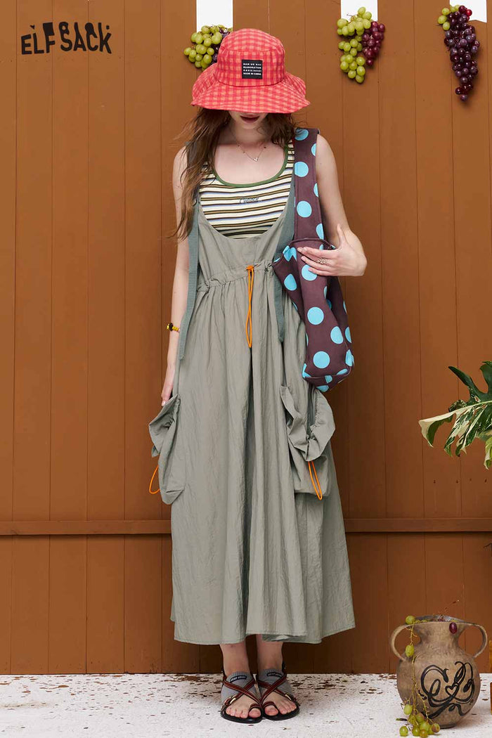 ELFSACK Drawstring Waist Cargo Overalls Dress