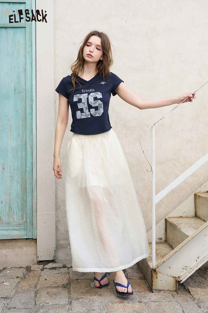 ELFSACK Drawstring Waist Ruffle Hem Balloon Midi Skirt