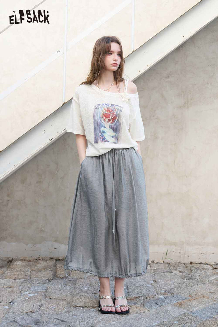 ELFSACK Drawstring Waist Ruffle Hem Balloon Midi Skirt