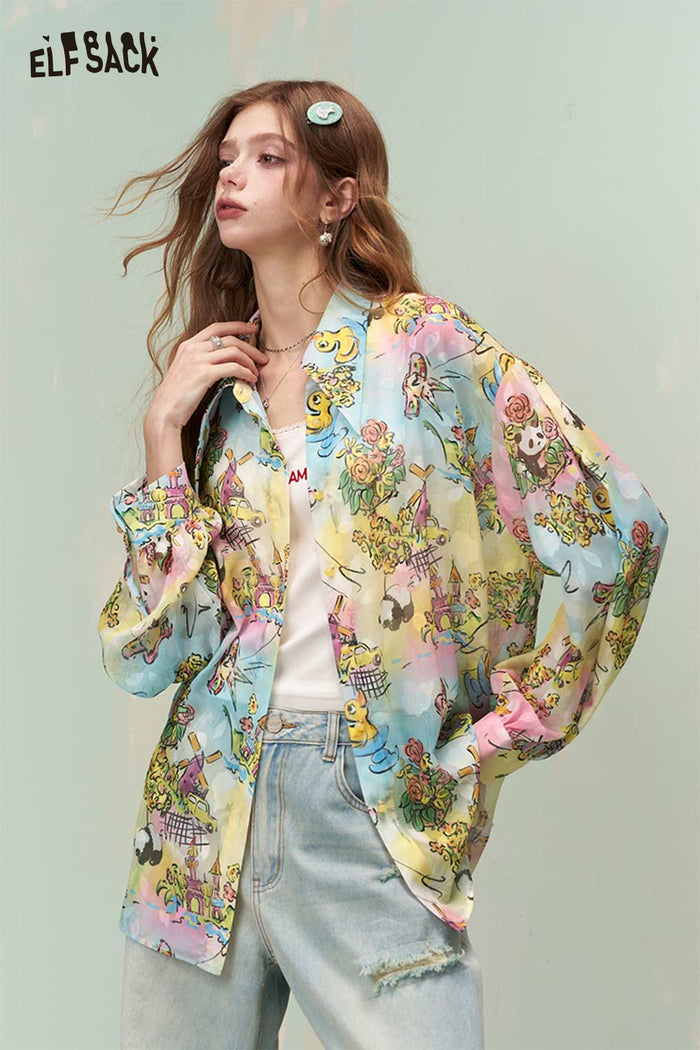 ELFSACK Dreamy Whimsical Graffiti Allover Print Loose Fit Long Sleeve Shirt