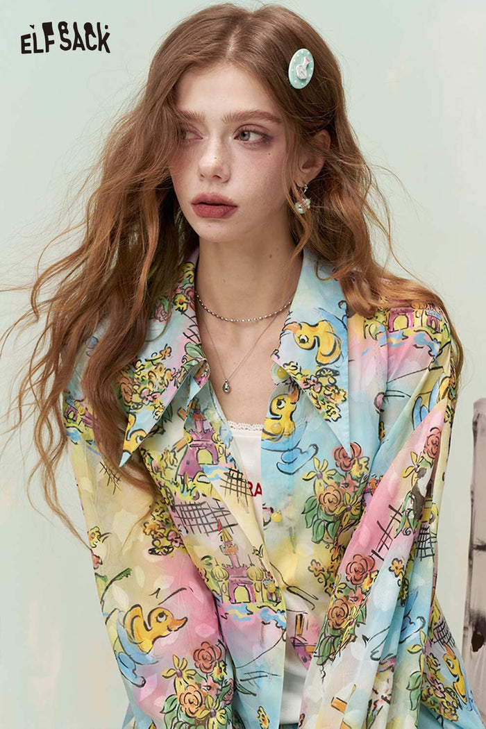 ELFSACK Dreamy Whimsical Graffiti Allover Print Loose Fit Long Sleeve Shirt