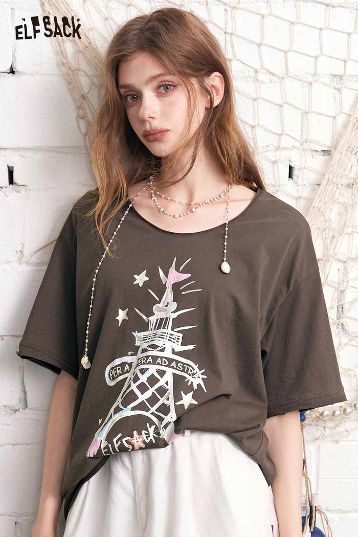 ELFSACK Eiffel Tower Print Oversized T-Shirt