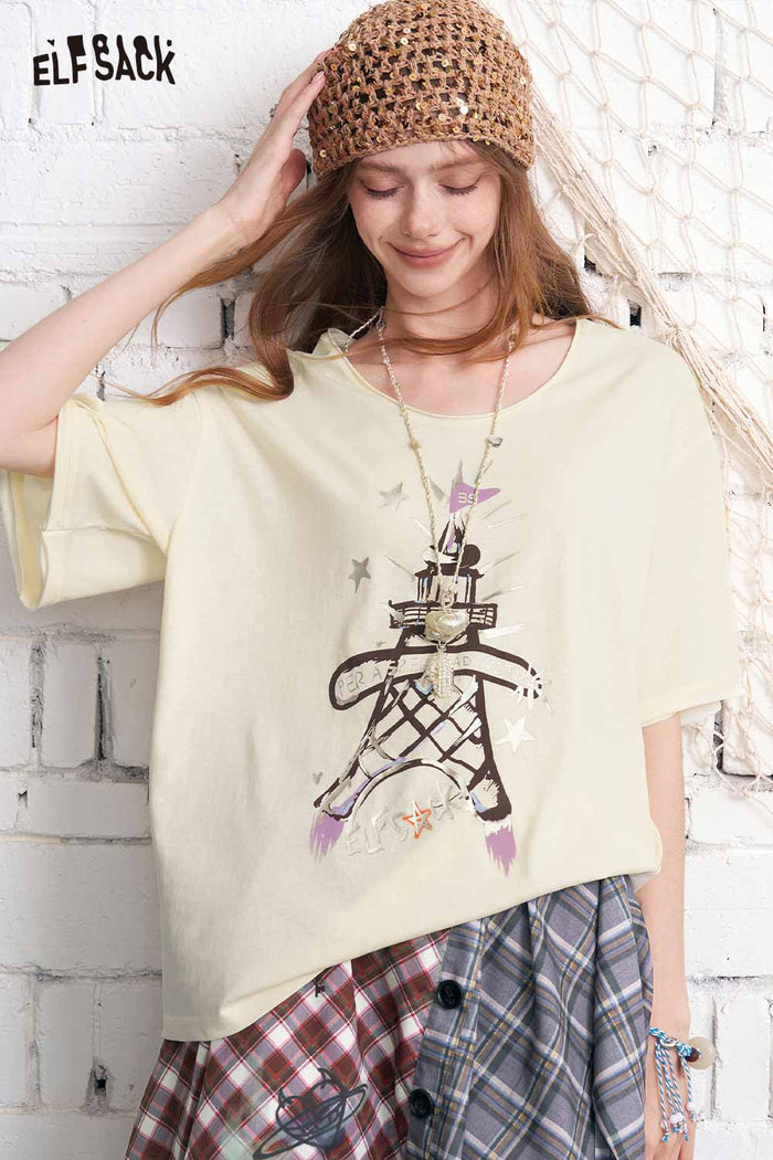 ELFSACK Eiffel Tower Print Oversized T-Shirt