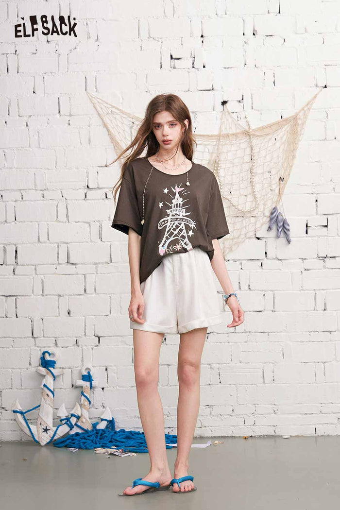 ELFSACK Eiffel Tower Print Oversized T-Shirt