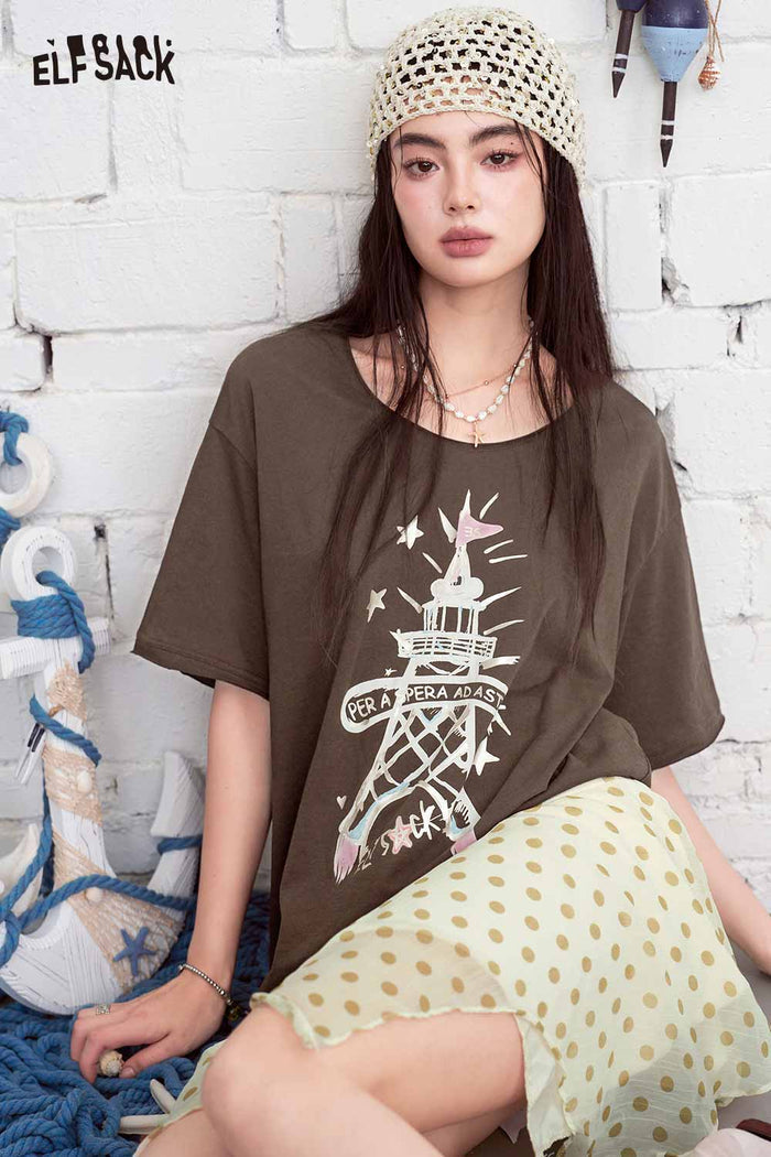 ELFSACK Eiffel Tower Print Oversized T-Shirt