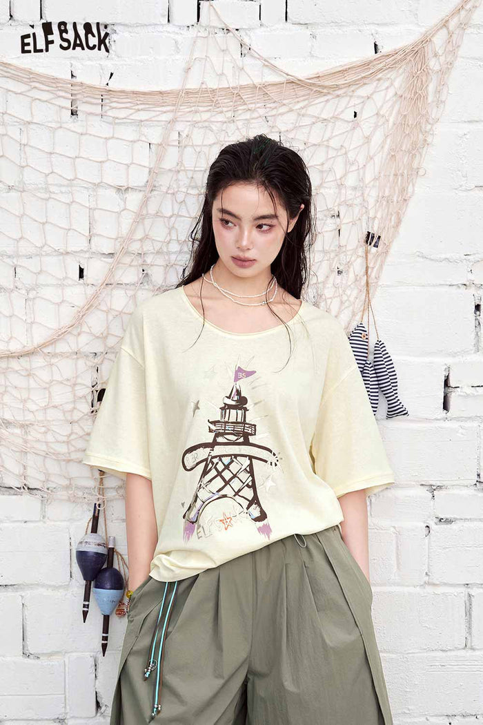 ELFSACK Eiffel Tower Print Oversized T-Shirt