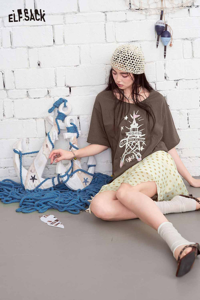 ELFSACK Eiffel Tower Print Oversized T-Shirt