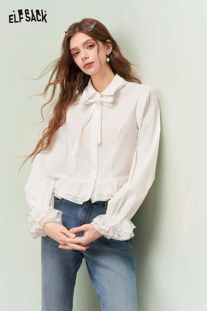 ELFSACK Elegant Button Down Shirt with Ruffled Lace Hem