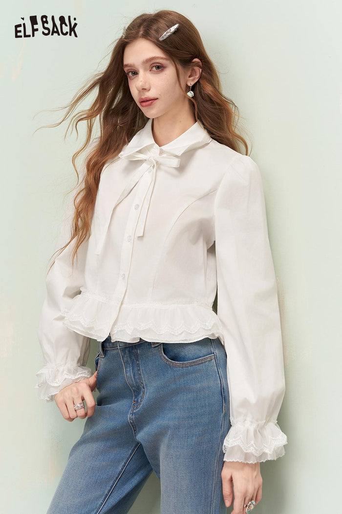 ELFSACK Elegant Button Down Shirt with Ruffled Lace Hem
