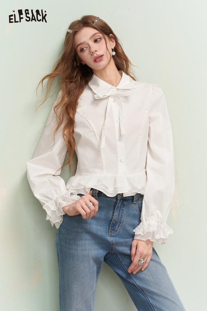 ELFSACK Elegant Button Down Shirt with Ruffled Lace Hem