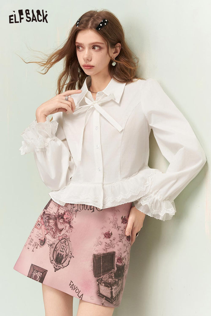 ELFSACK Elegant Button Down Shirt with Ruffled Lace Hem