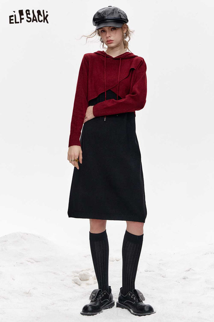 ELFSACK Elegant Color Block Hooded Dress