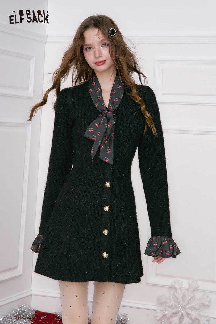 ELFSACK Elegant Fitting Cherry Graphic Bow Tie Flutter Sleeve Dress