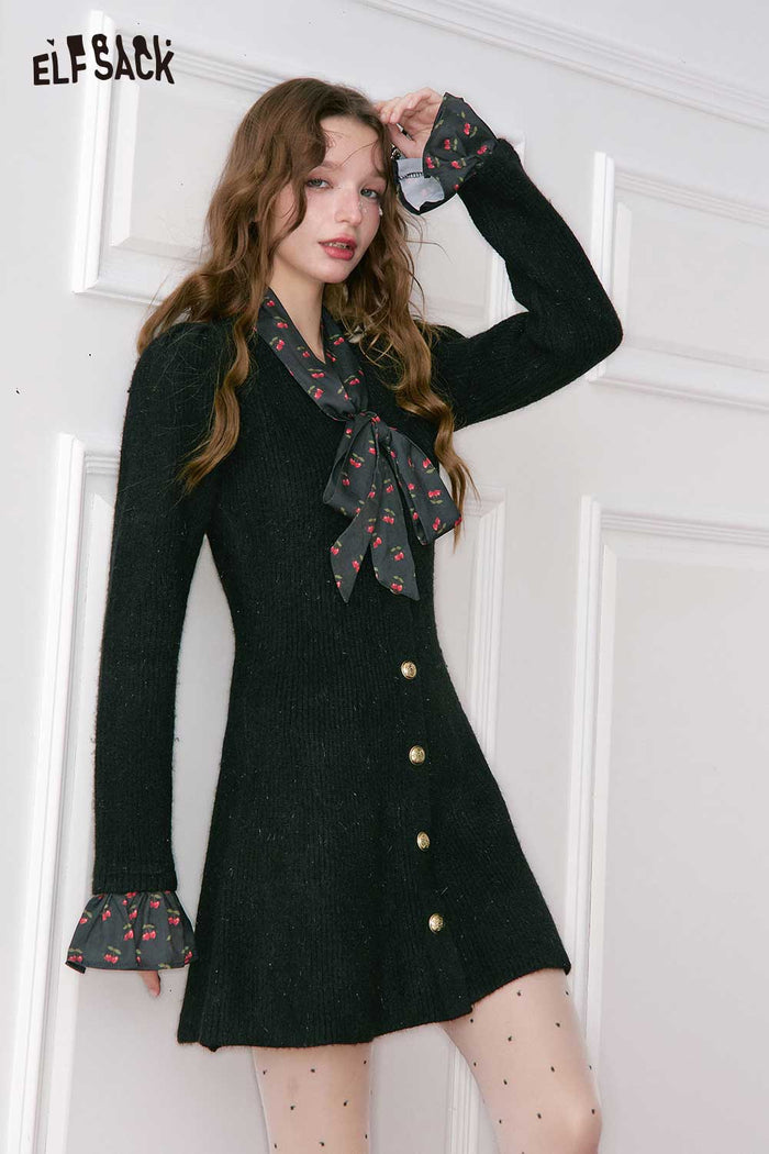 ELFSACK Elegant Fitting Cherry Graphic Bow Tie Flutter Sleeve Dress