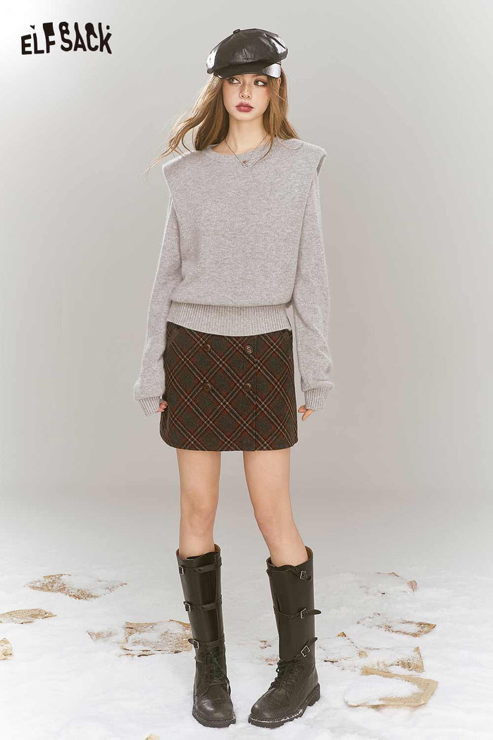 ELFSACK Elegant Gray Shoulder Pad Sweater