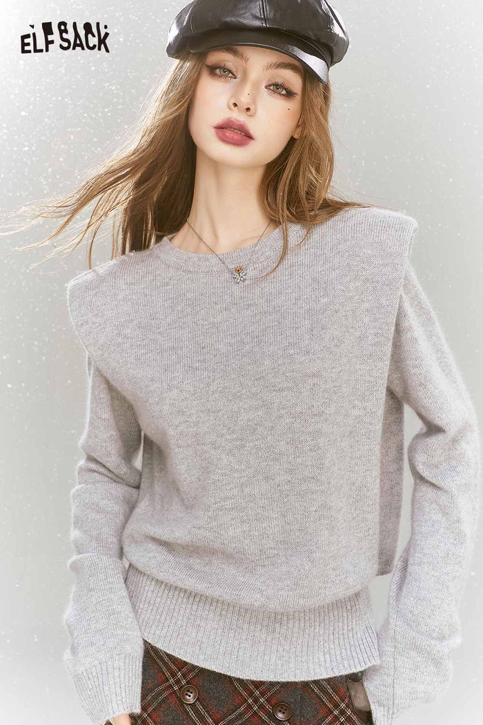 ELFSACK Elegant Gray Shoulder Pad Sweater