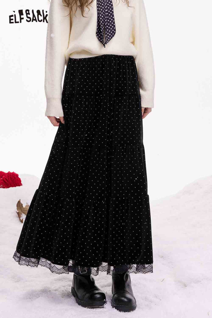 ELFSACK Elegant Polka Dot Lace Ruffle Long Half Skirt