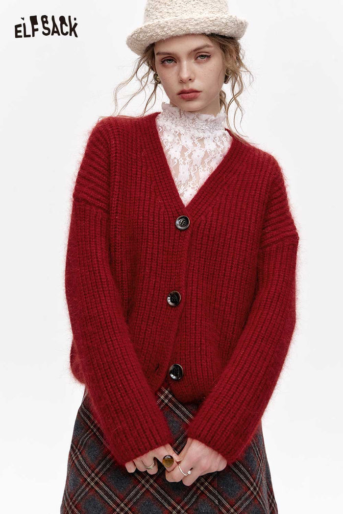 ELFSACK Elegant Red V Neck Cropped Cardigan