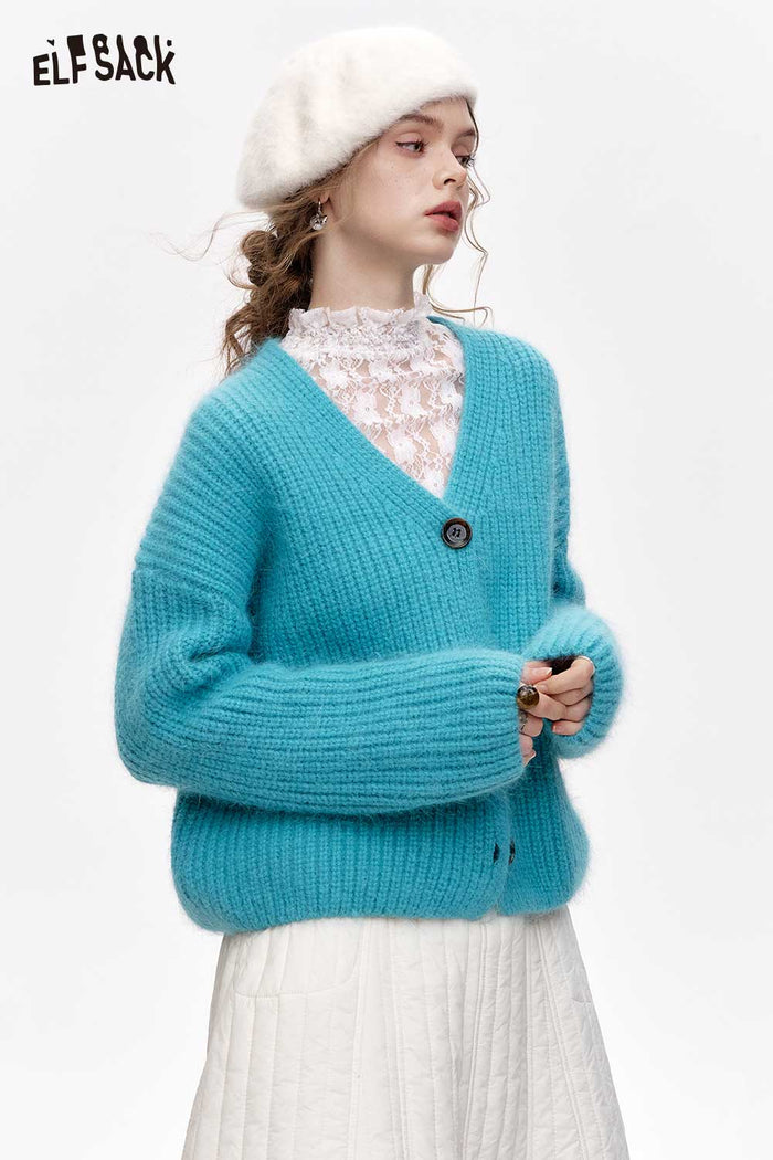 ELFSACK Elegant Red V Neck Cropped Cardigan