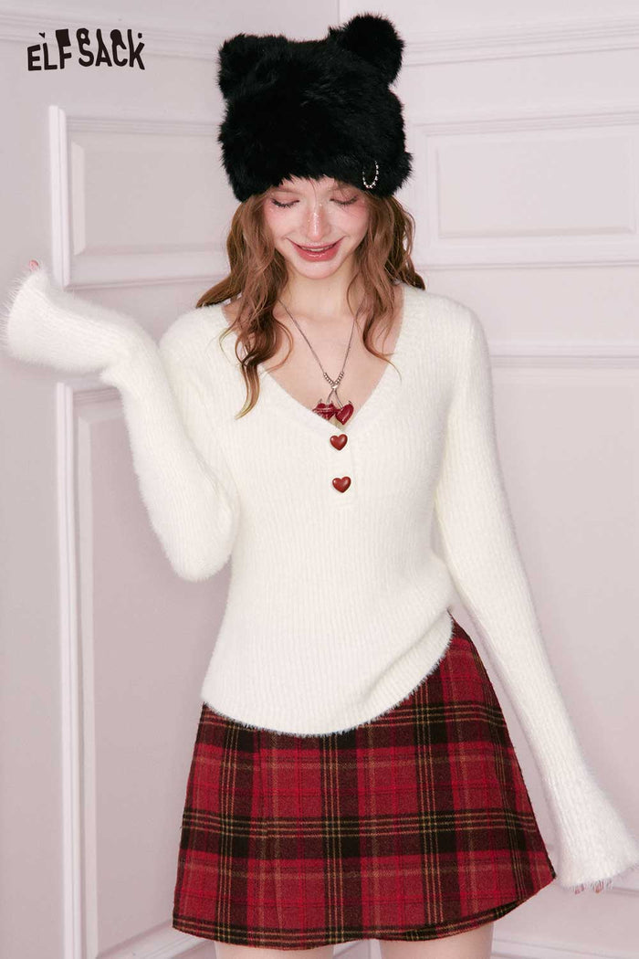 ELFSACK Elegant Solid Fitting Two Button V Neck Sweater